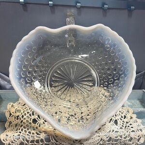 Heart-Shaped Glass Bowl with Scalloped Edge
Fenton Opalescent 
10